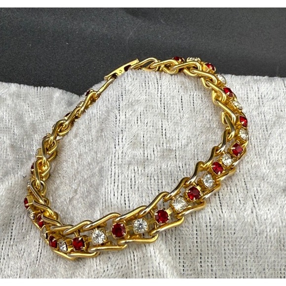Estate Jewelry - Gold Tone Rhinestone Bracelet Red White 7"